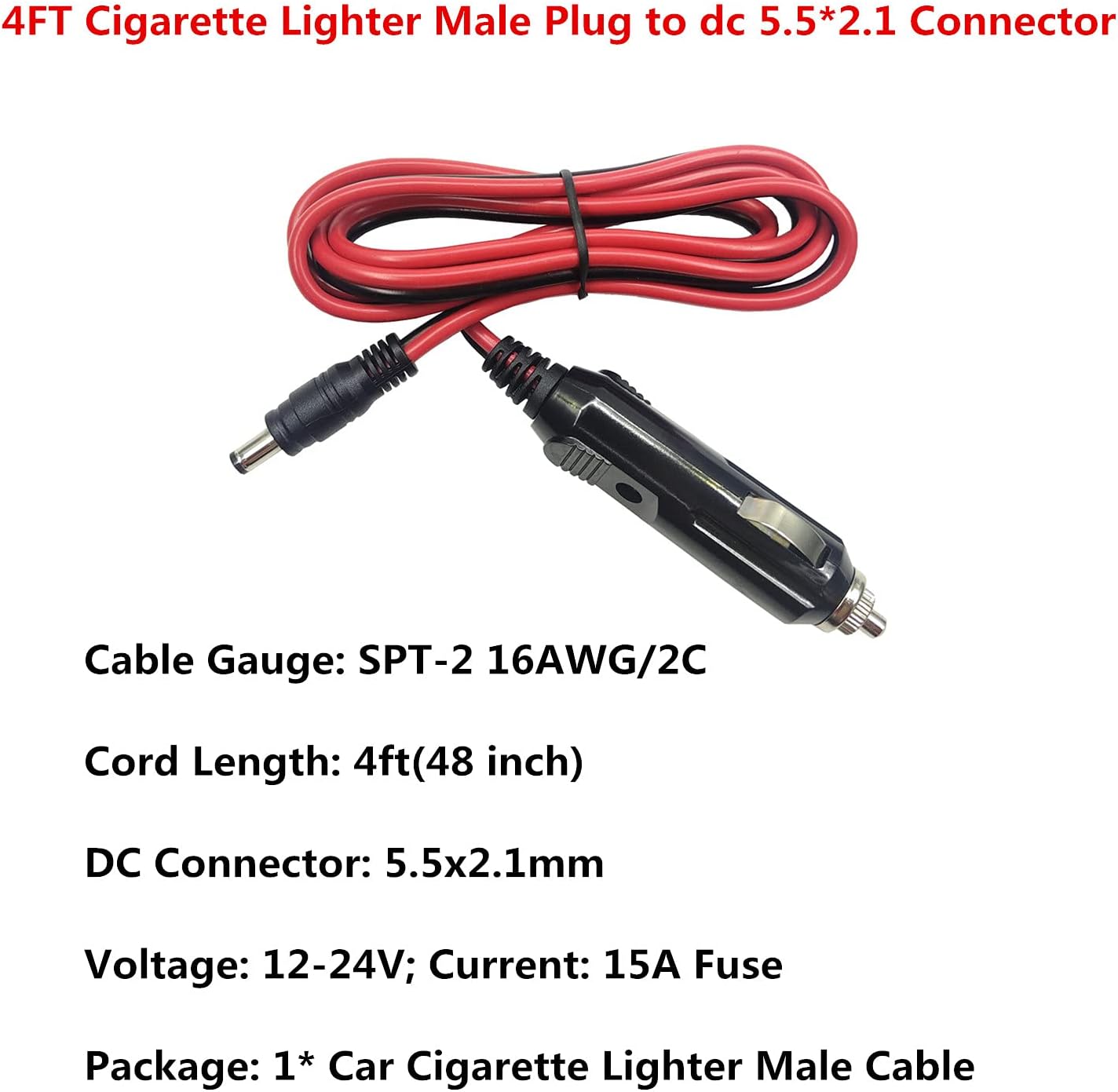 DC Car Charger - 4ft Power Supply Cord, 12-24V, Cigarette Lighter to DC 5.5mm x 2.1mm Connector for Portable Devices