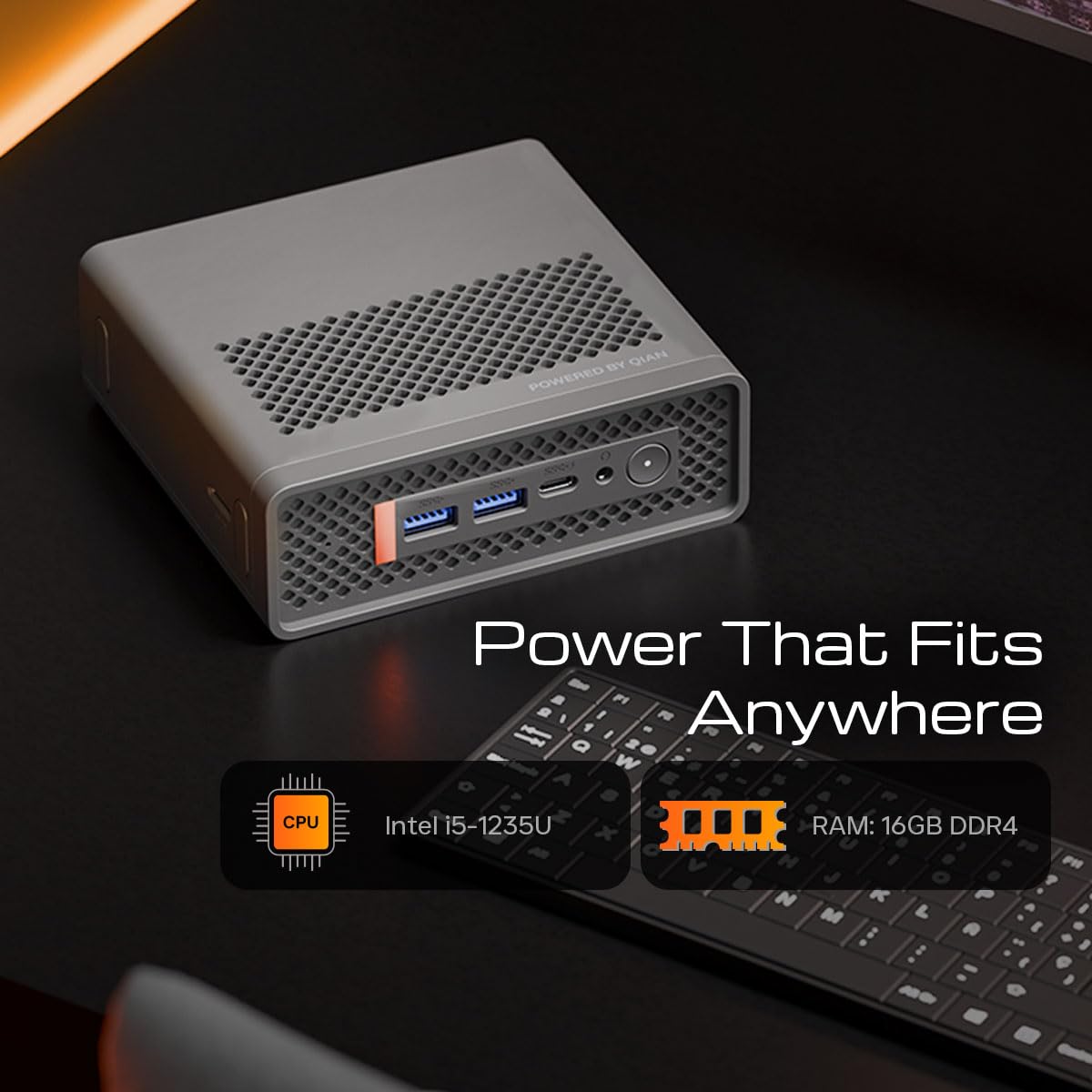 Qian Mini PC Atlas | Intel i5 1235U | GPU Intel Iris XE Graphics | 16 Go DDR4 | SSD 512 Go M.2 | Ethernet | Wi-FI 6 | Bluetooth 5.2 | 2X HDMI, 1x USB-C, 4X USB-A, 1x Audio | Windows 11 Pro