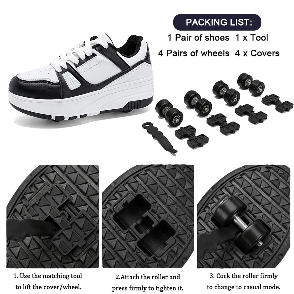 ENEN Zapatos con Ruedas para Niños y Niñas, Zapatillas de Patinaje Multifuncionales Rosa Blanco/Negro Blanco