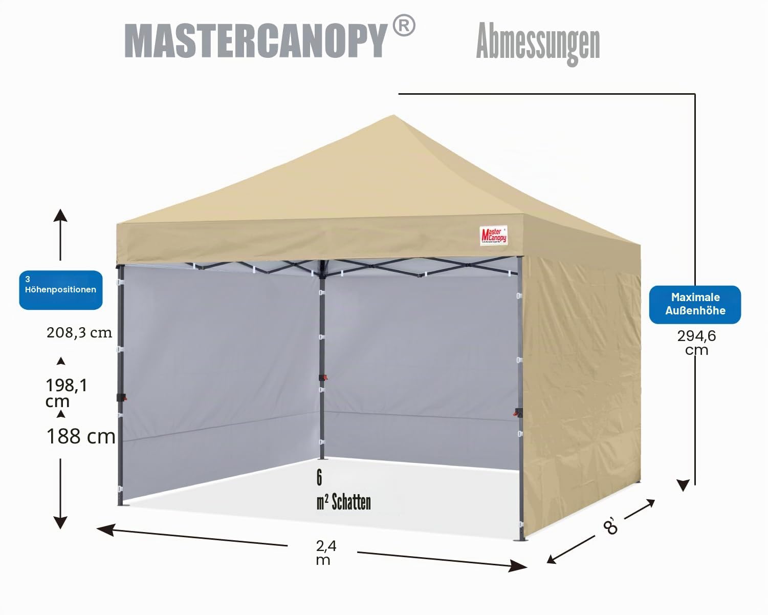 MASTERCANOPY Pop-up-Pavillon mit 4 Seitenwänden 2,5x2,5 Schnellaufbau, 3-Fach höhenverstellbar, UPF50+, wasserabweisend, inkl. Rolltasche + 4 Sandsäcke, für Camping, Events, Garten, Beige