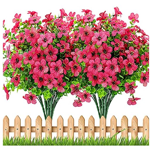 Ruiuzioong Konstgjorda blommor, lila 4 stycken konstgjorda blommor gröna UV-resistenta växter buskar oäkta blommor inomhus utomhus för hem trädgård brud bröllop fest inredning (rosy)