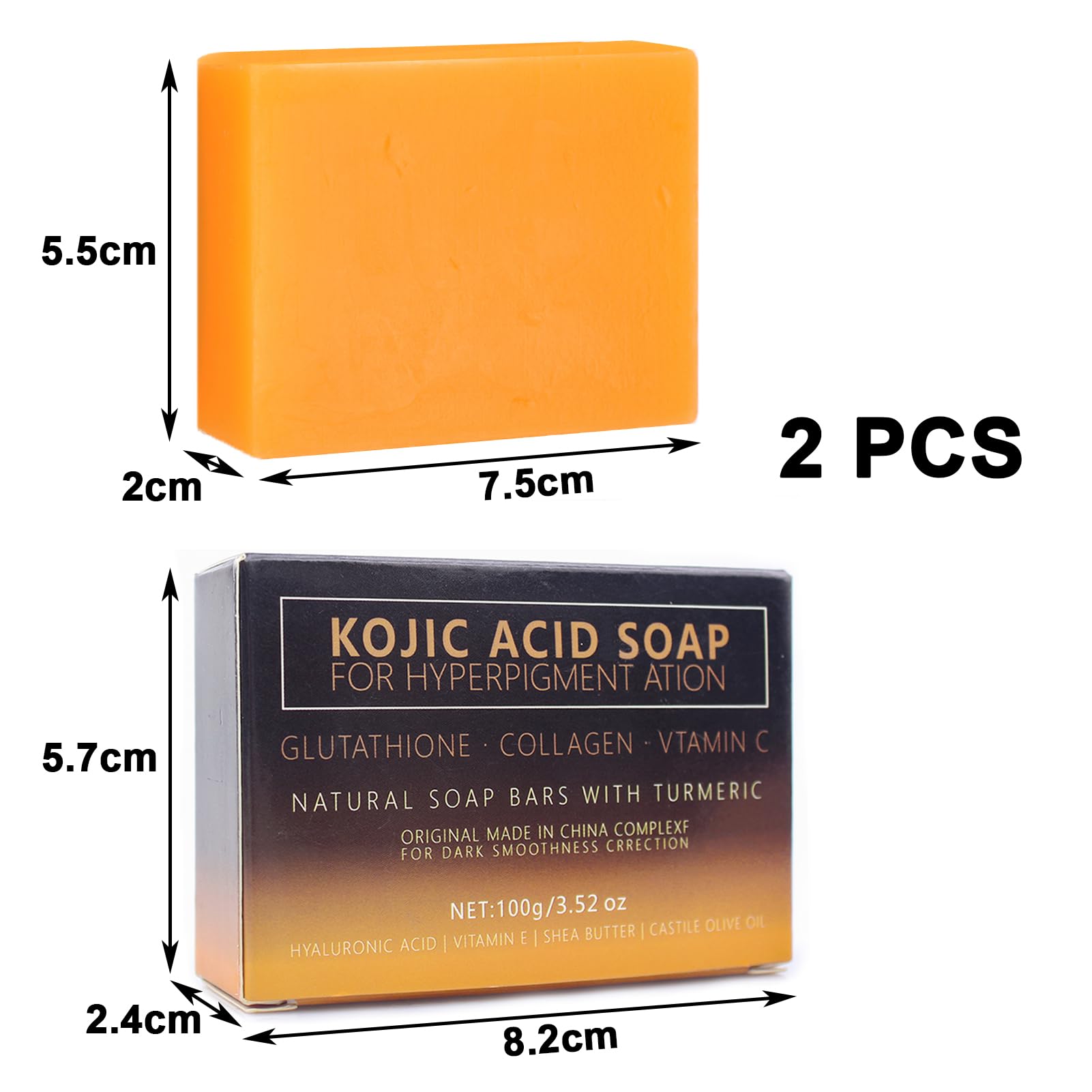 2 pcs Savon à L'acide Kojique au Curcuma,Skin Lightening Soap,VC Savonnette,Doux pour l'Hydratation du Visage et Corps,pour Bain Éclaircissant,Rétrécissement des Pores(2 * 100g)