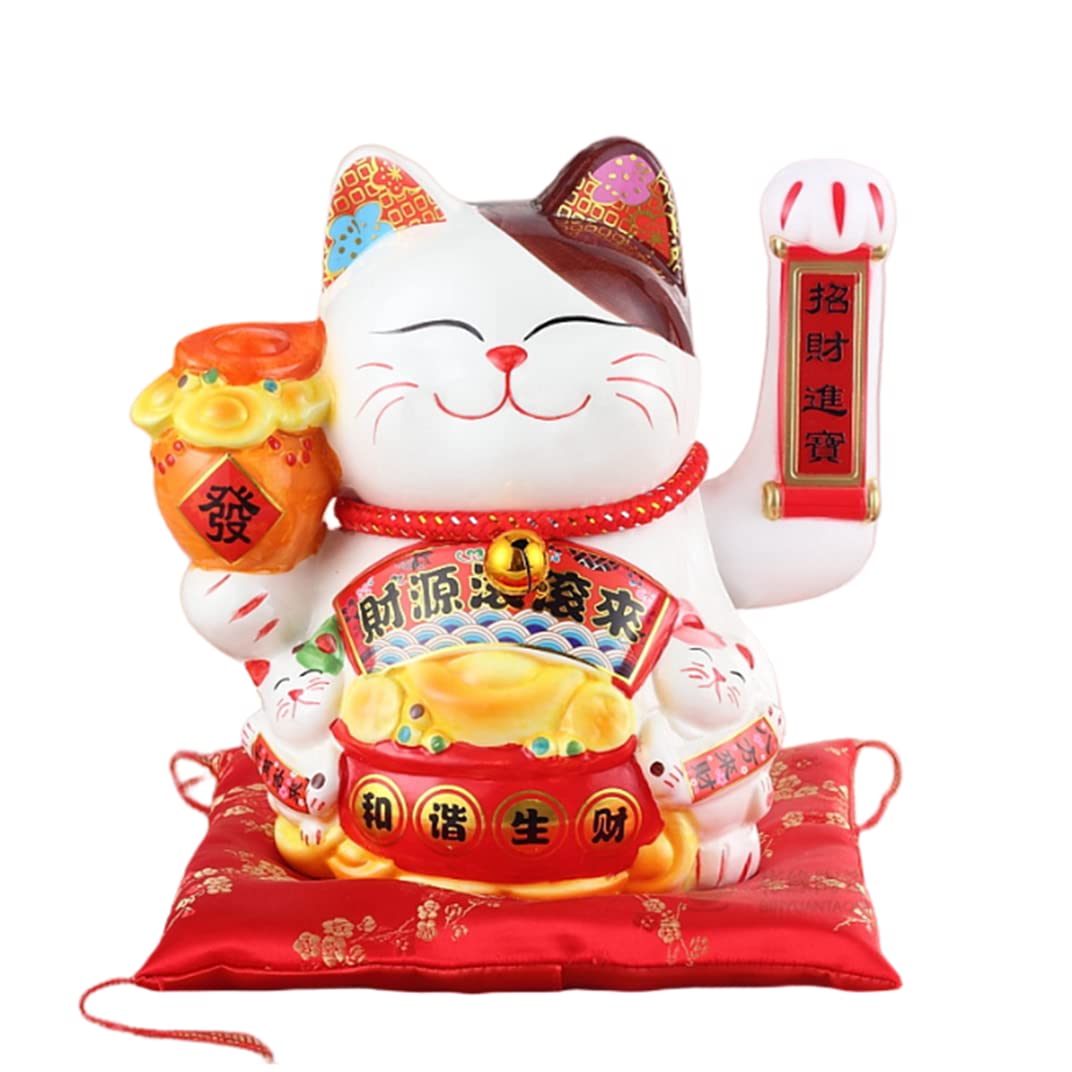 DongAi 10" White Ceramic Maneki Neko Lucky， Cat with Waving Arm，for Shops, Restaurants, Living Room -Shop Decorations Business Gift Present