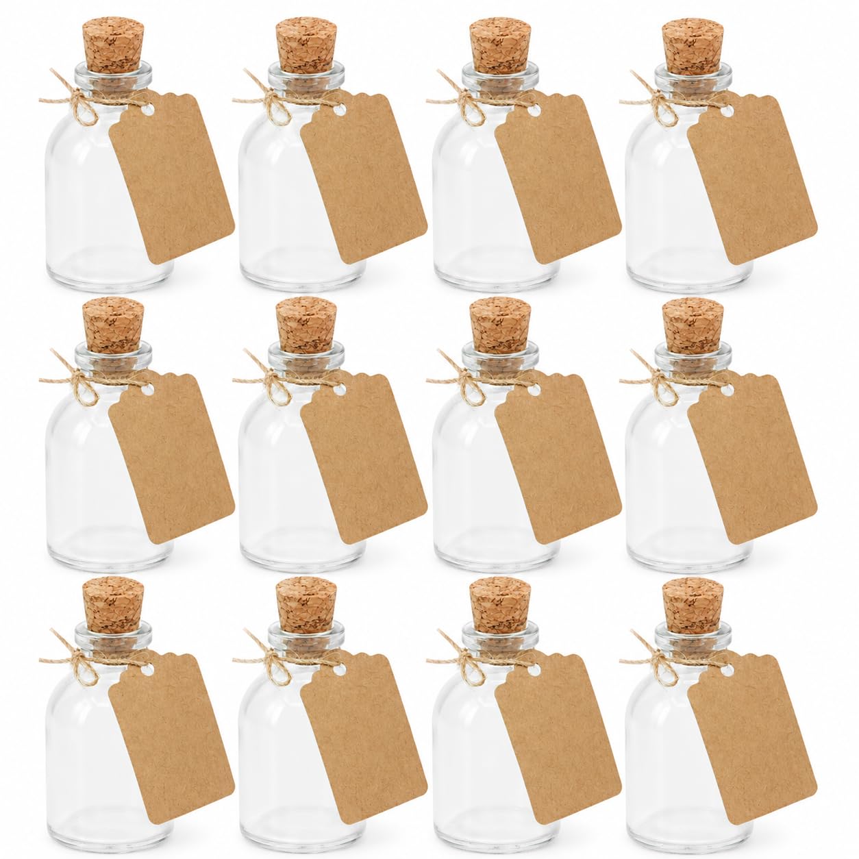 MAGNA RETAIL 50ml Clear Mini Glass Bottles with Cork Stoppers, Set of 12, Labels and String for Wedding Favours, Party Gifts, Table Decorations, Message Notes, Sand Art, Potion Decor and DIY Crafts