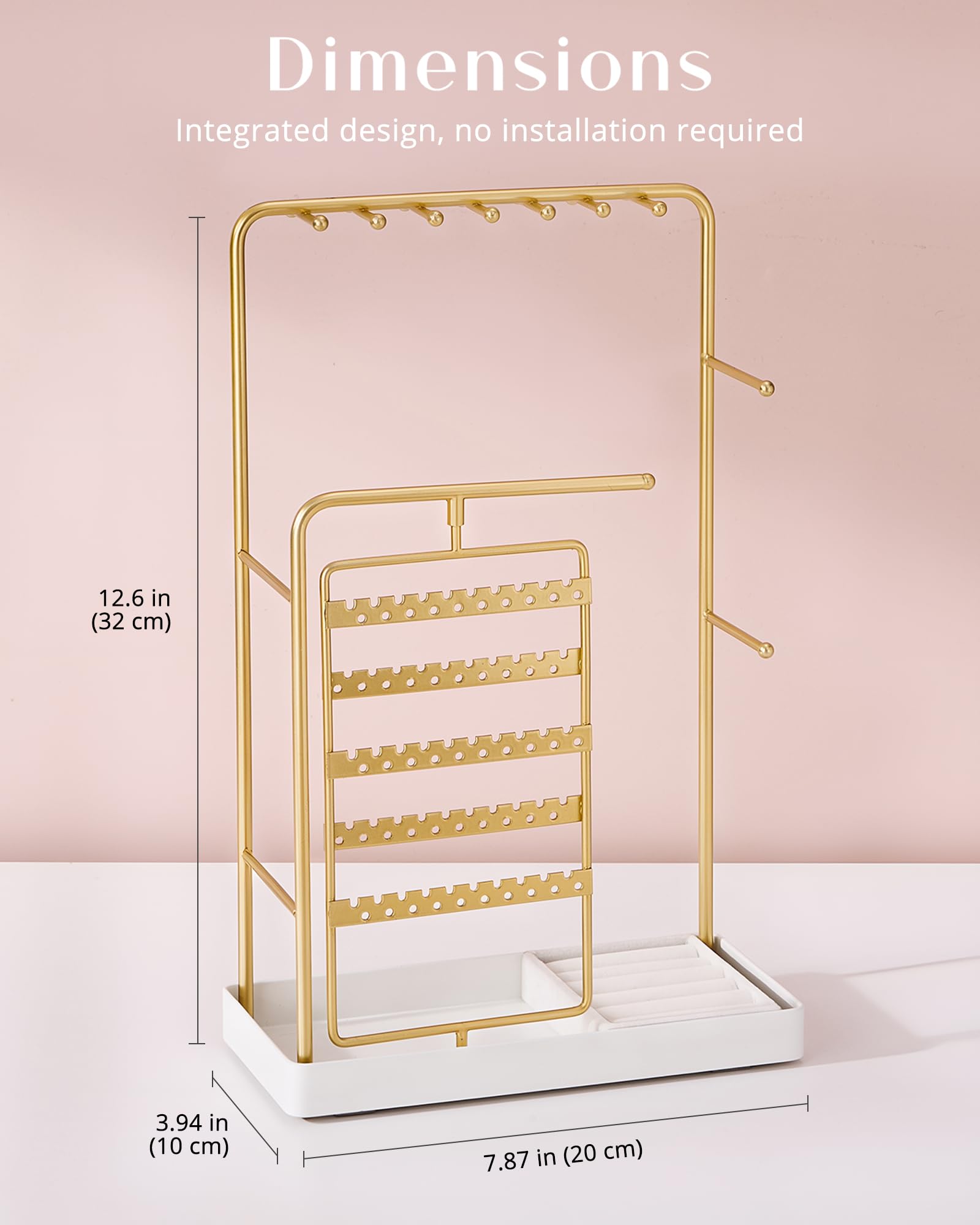 ProCase Jewelry Display Stand Holder, Jewelry Organizer and Storage with Velvet Ring Tray, Rotating Earring Display Bracelet Necklace Holder, Aesthetic Gifts Room Dorm Decor for Teen Girls -Gold