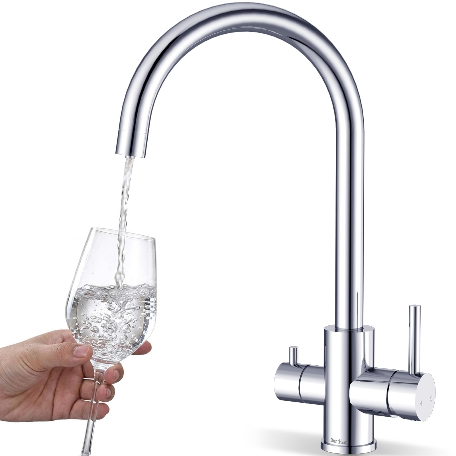 Grifo para Fregadero de Cocina de 3 Vías BuntHaus, Acero Inoxidable Cromado