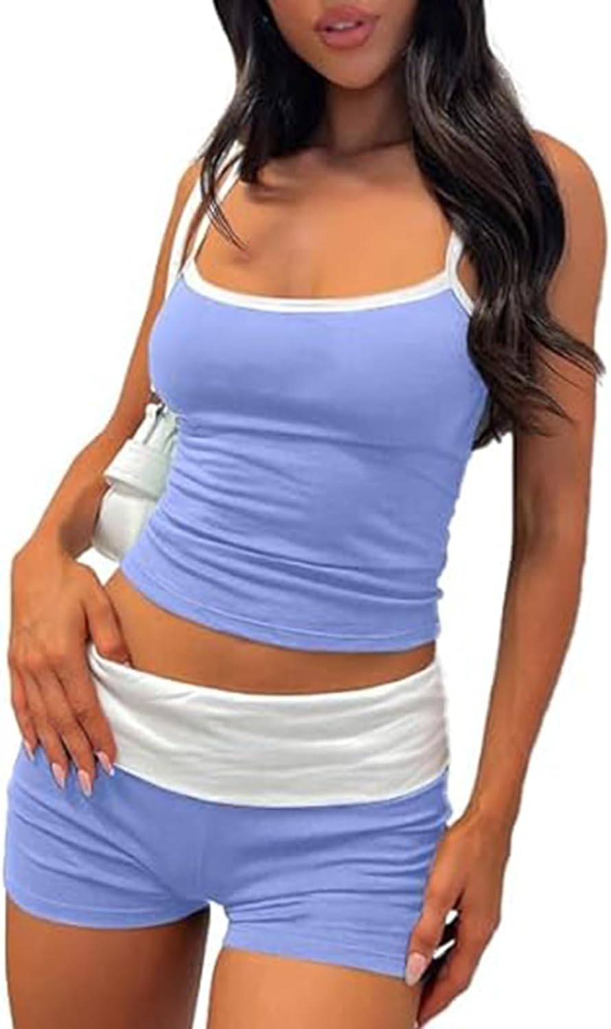 RUEWEY Womens 2 Pieces Paiamas Set Color Block Sleeveless Crop Cami Top and Fold Over Shorts Pjs Loungewear