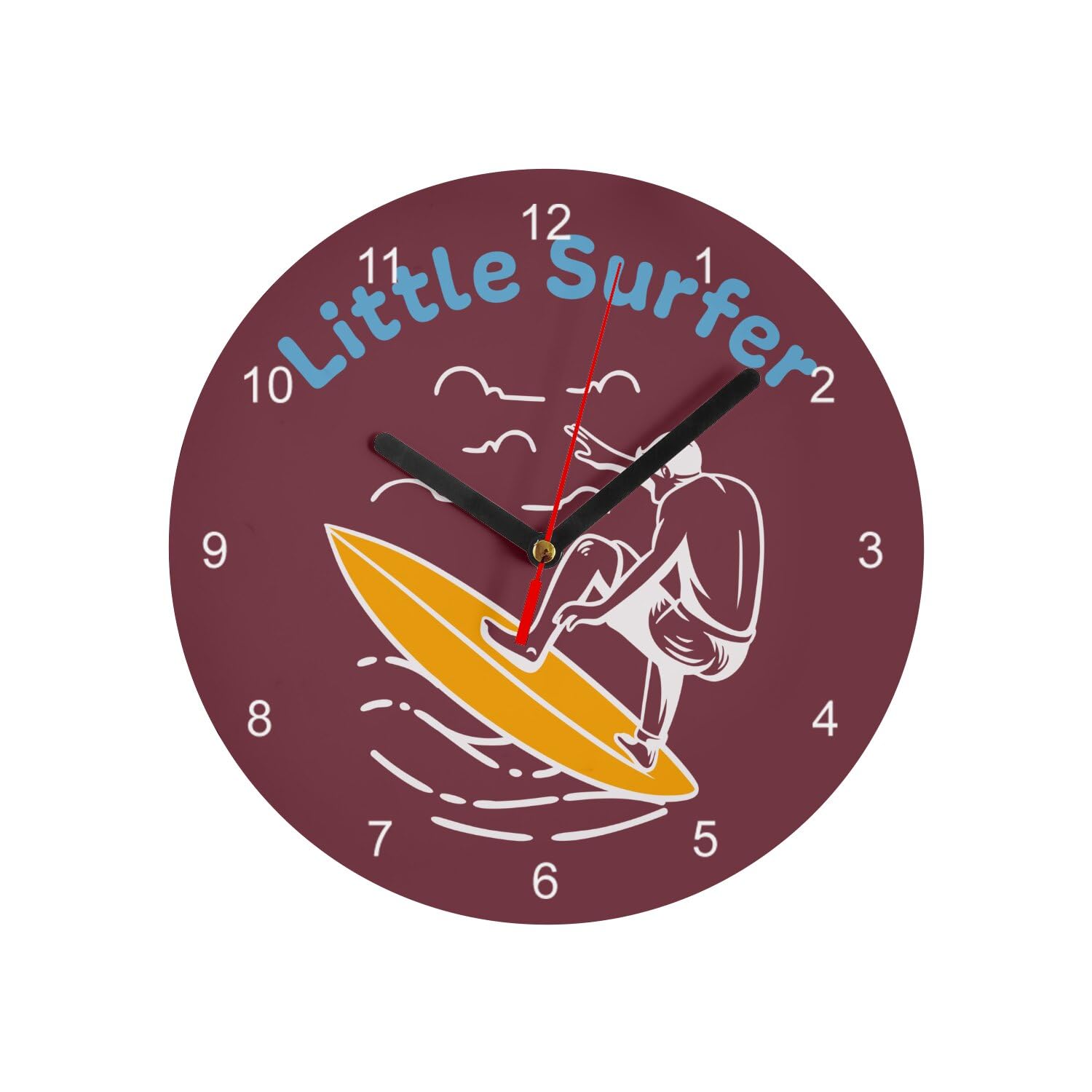 Horloge Murale en Verre Little Surfer : Cadeau Enfant Plage Rouge