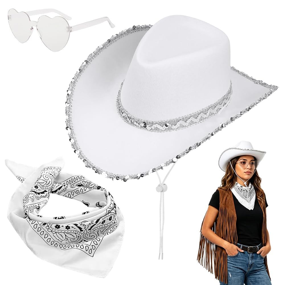 Spiritzohic 3Pcs Western Cowboy Hat Set,Cowboy Costume Set with Wide Brim Hat, Paisley Bandanna and Glasses,Unisex Cowboy Fancy Dress for Birthday Halloween,Cosplay, Bachelor Party (White) — image 1