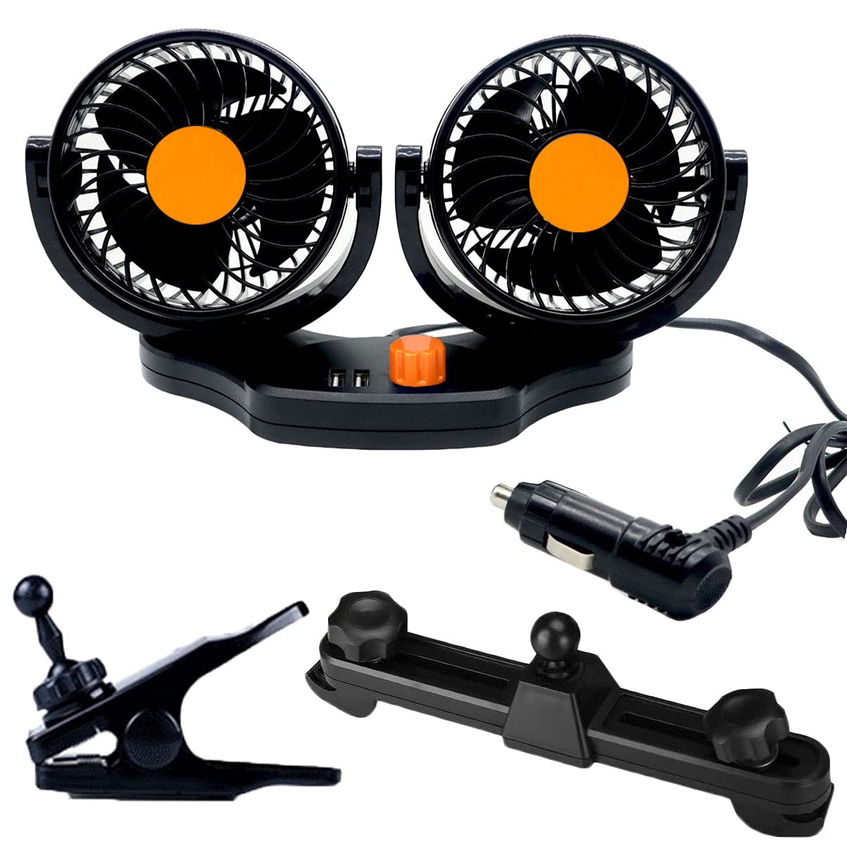 Amazon | 双頭車載ファン 車載扇風機 クリップ式 ツインファン