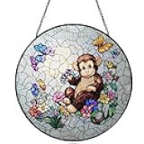 Stained Glass Monkey Ornaments Suncatcher - Monkey Decor Gifts for Women Men Pet Lovers - Window Hanging Decorations for Home Wall Kitchen - Christmas Birthday Housewarming Gift