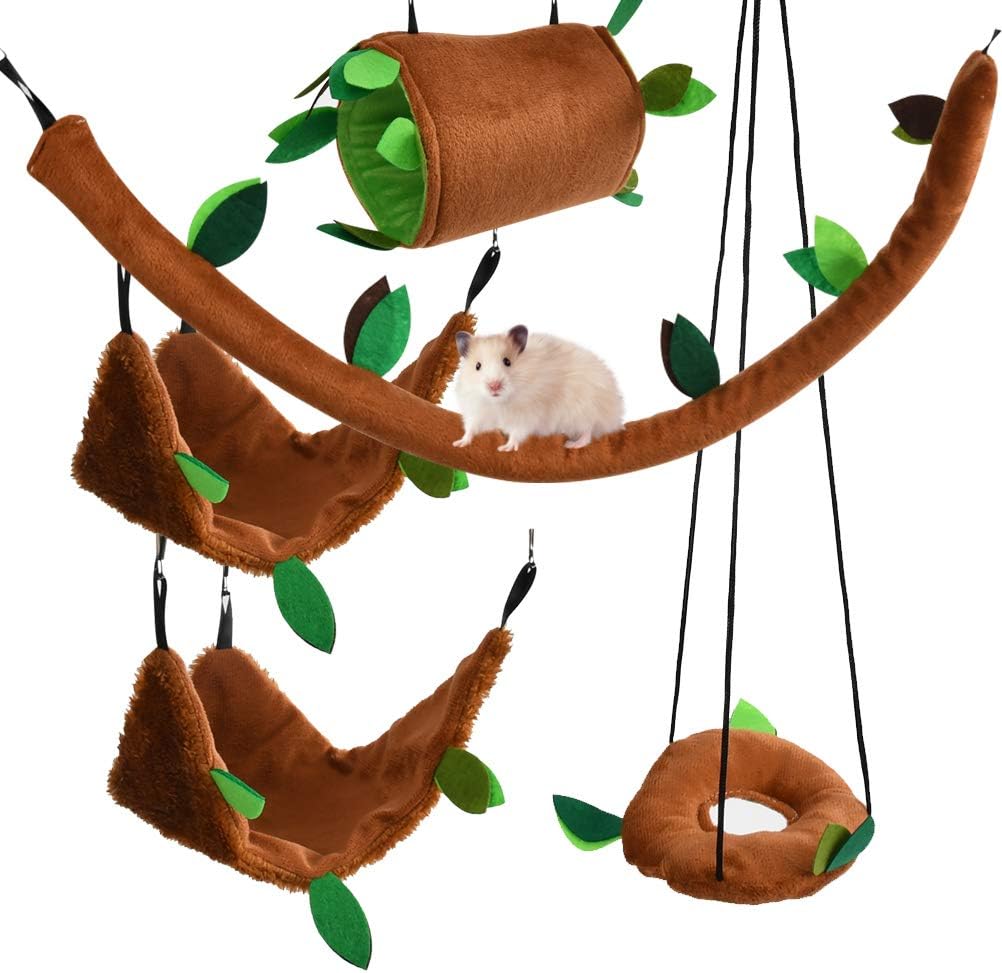 Hamster Hammock 5Pcs Rat Bird Parrot Hanging Warm Bed House Cage Nest Accessories Forest Pattern Cage Toy Leaf Hanging Tunnel and Swing for Sugar Glider Squirrel Hamster Playing Sleeping