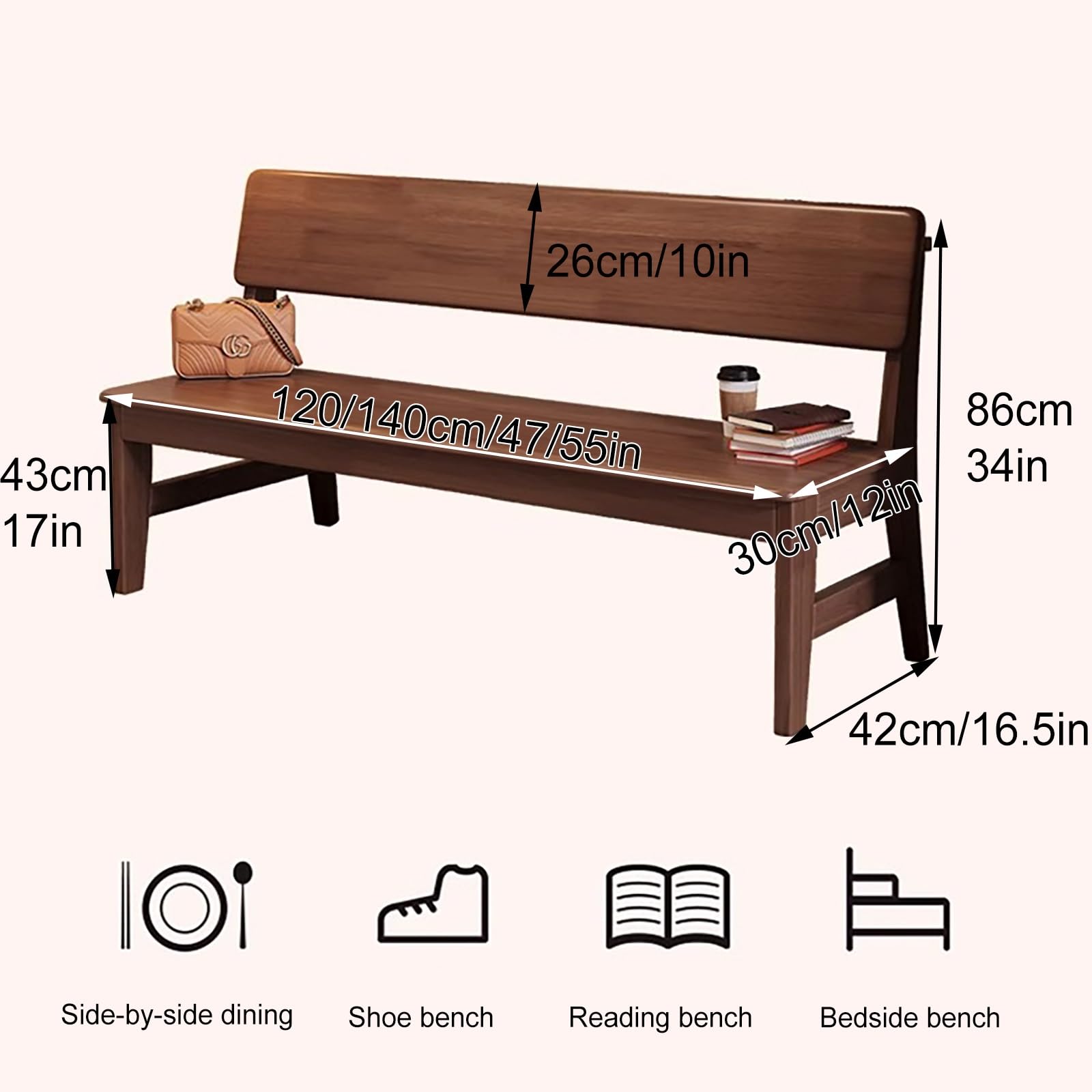 Banco de Comedor de Madera con Respaldo, Banco de Comedor Interior con diseño sin Brazos, para vestuarios, habitación, decoración Incluso Exterior(Wood,140 * 30cm/55 * 12in)