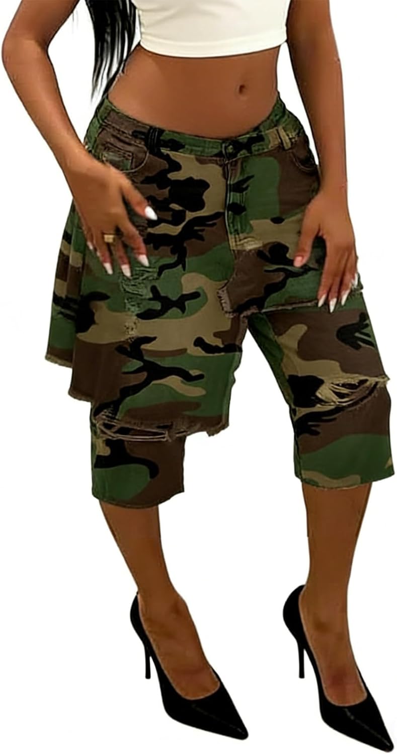 Vakkest Women's Camo Ripped Jean Shorts Baggy Wide Leg Patchwork Bermuda Aarmy Fatigue Denim Pants Y2k Cargo Jorts