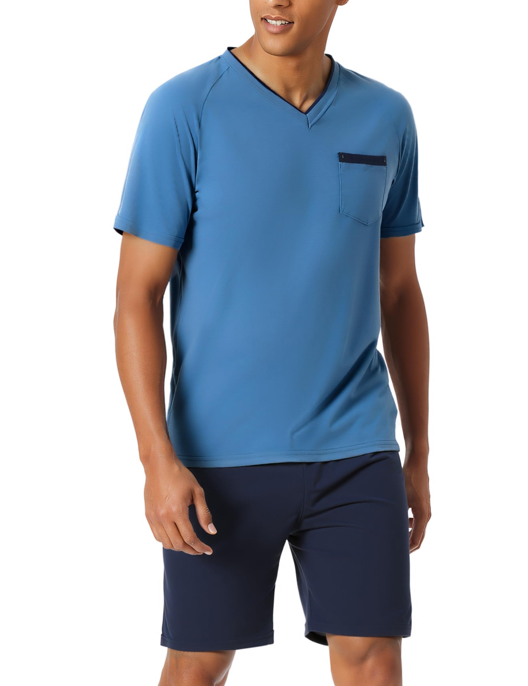 Bresdk Schlafanzug Herren Kurz Sommer Pyjama Set Baumwolle Shorty Kurzer Schlafanzüge mit V-Ausschnitt Schlafanzughose Zweiteilig Set