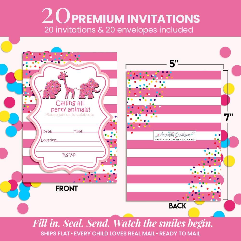 Animal Cookies and Crackers Circus Themed Birthday Party Invitations, 20 5x7 Fill In Cards with Twenty White Envelopes by AmandaCreation