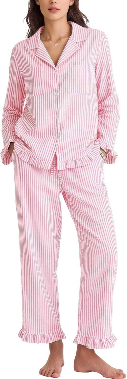 Flygo Womens Striped Pajama Sets 2 Piece Cotton Lounge Sets Button Down Top Straight Leg Pants with Pockets Y2K Pjs Sleepwear