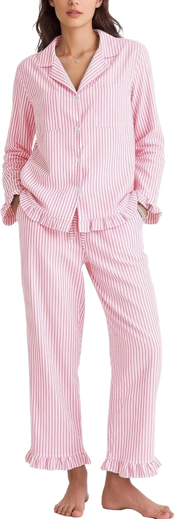 Flygo Womens 100% Cotton Pajamas Set Striped Soft Long Sleeve Sleepwear
