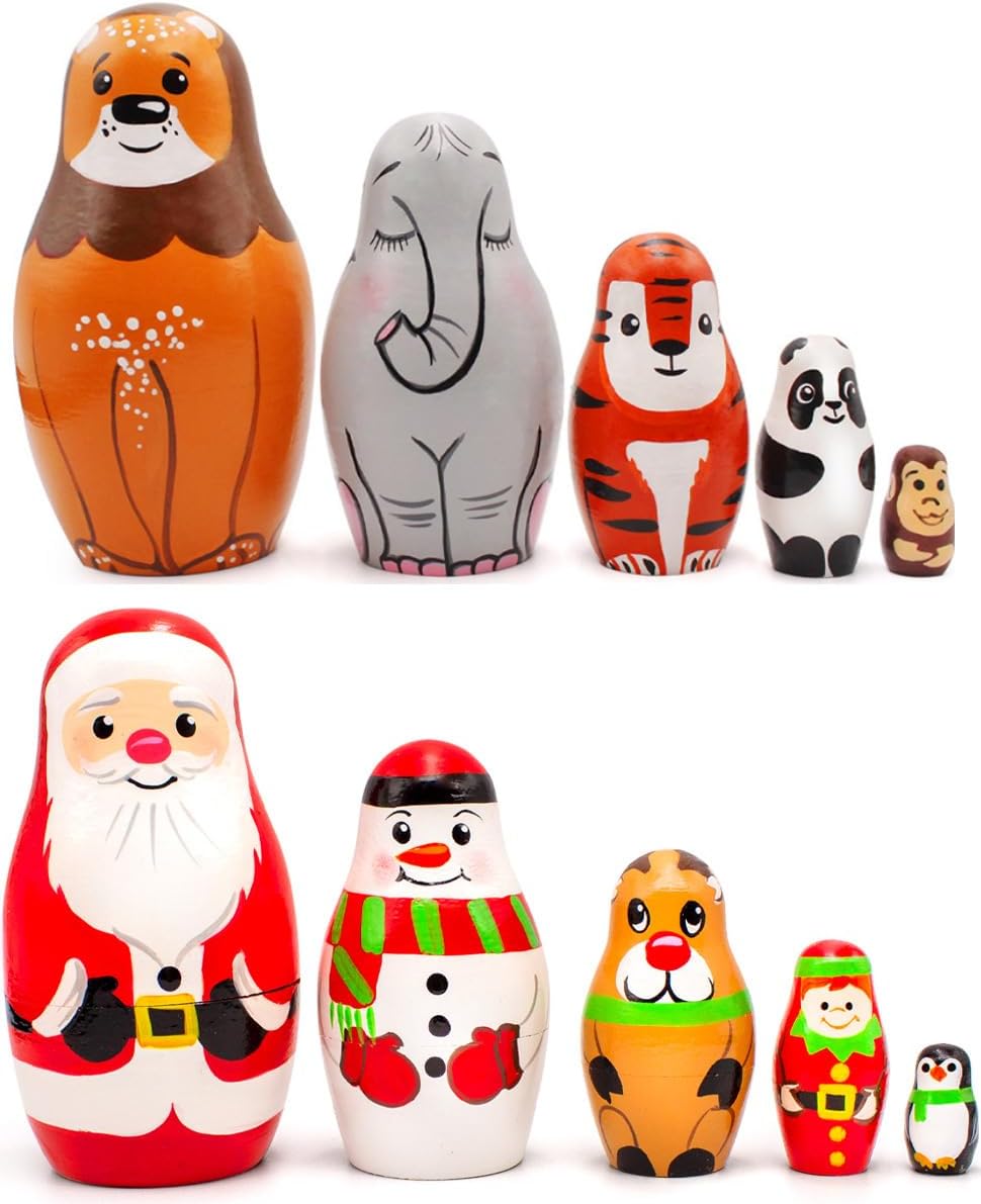 Russian Nesting Dolls Bundle 2 Set – 5‑Piece Christmas Themed Matryoshka + 5‑Piece Wild Animals Matryoshka Set – Handcrafted Wooden Souvenirs for Collectors & Home Decor