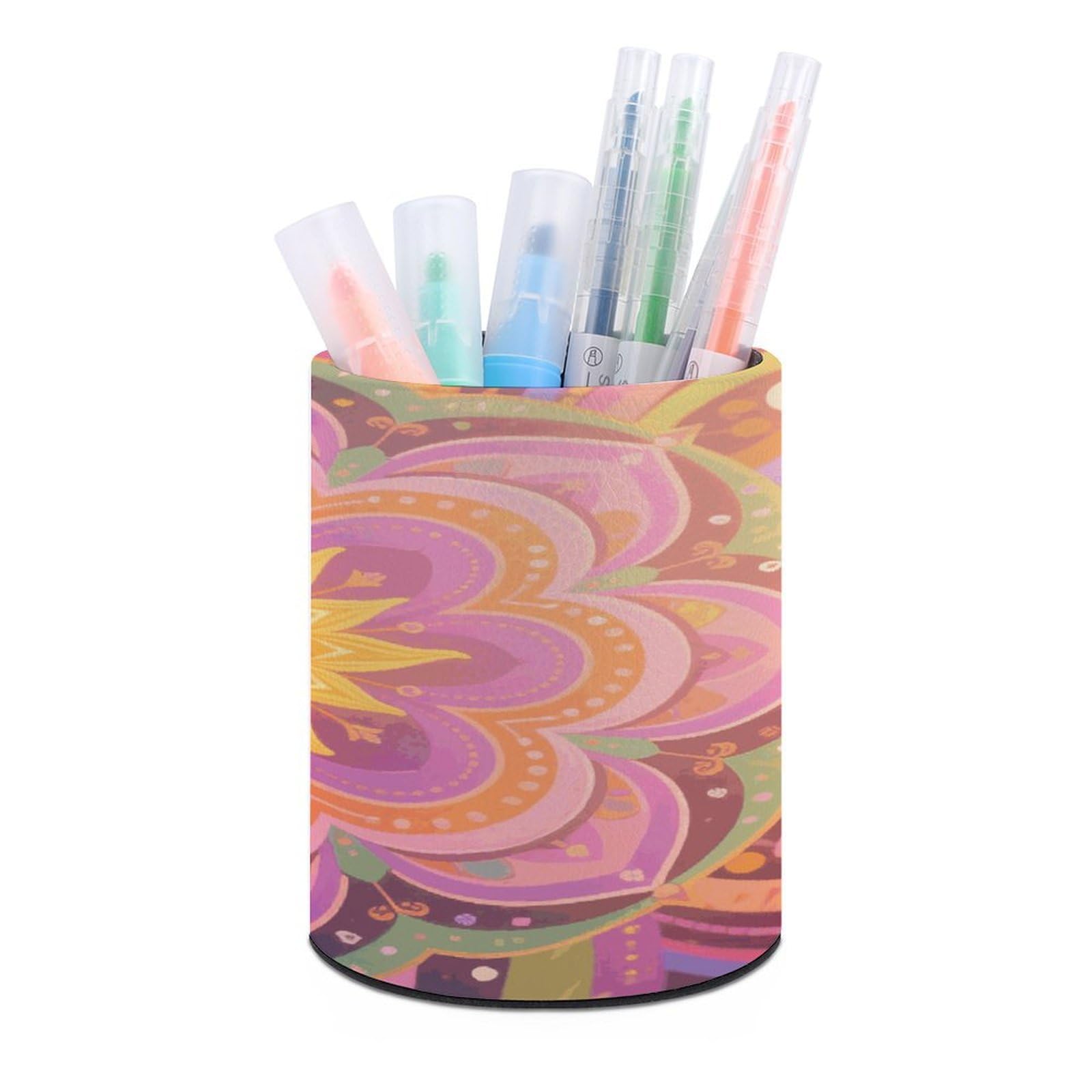 VstaDank Bohemian Mandala Pen Holder Round Pencil Holder for Desk Organizer PU Leather Pencil Cup Makeup Brush Holders Modern Pen Cup Large Pen Organizer for Office Home Ideal Gift