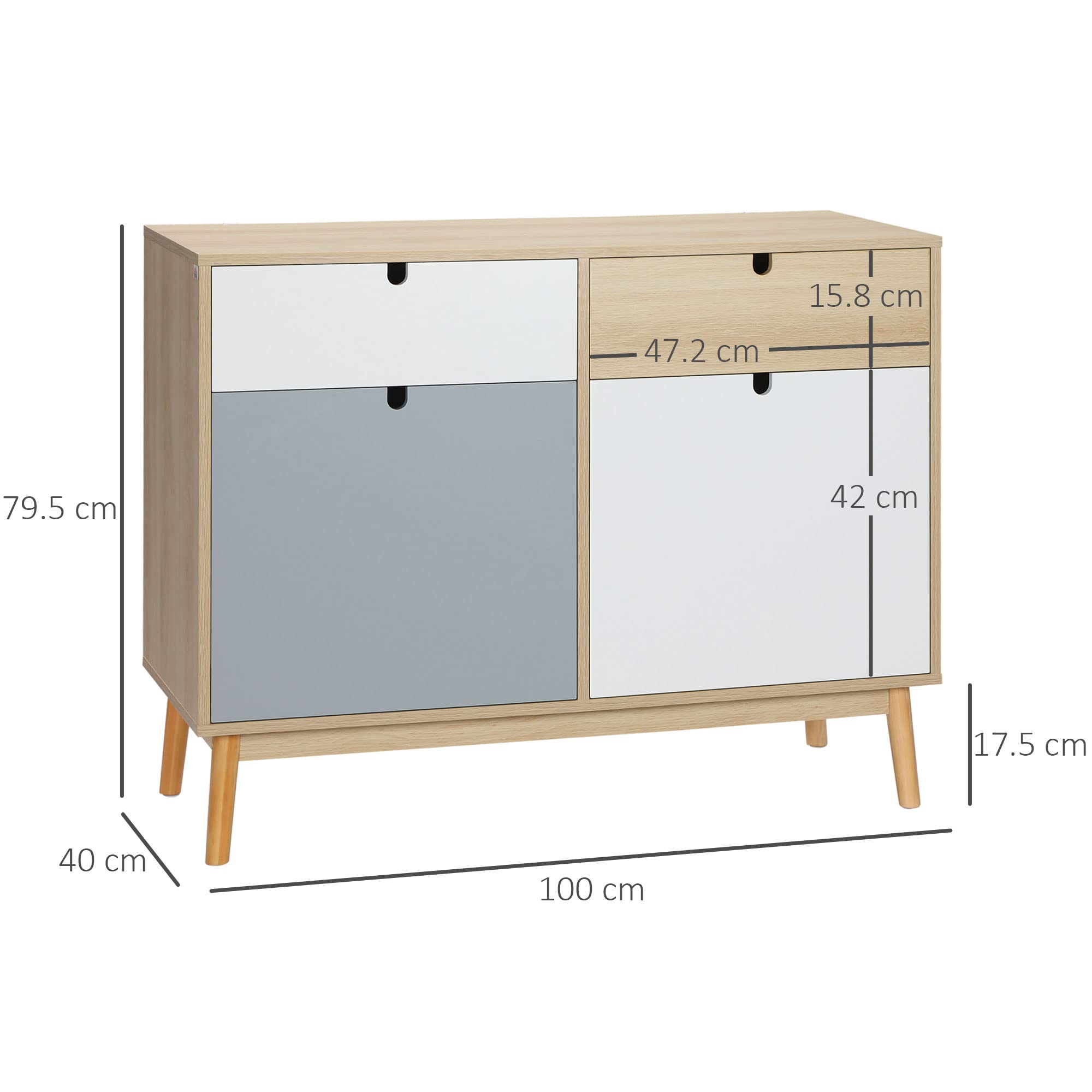HOMCOM Mobiletto Multiuso Stile Nordico, Armadietto Due Ante con Cassetti per Cucina e Ingresso, 100x40x79.5cm, Multicolore