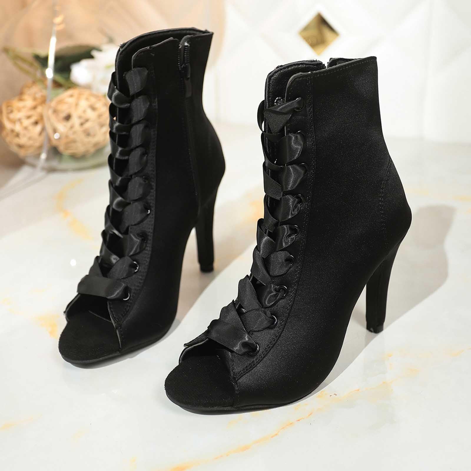 Scarpe da donna glitterate a bocca di pesce, con tacco a spillo, con lacci, eleganti stivaletti alla caviglia, scarpe da ballo per feste, matrimoni, tempo libero, comode scarpe estive