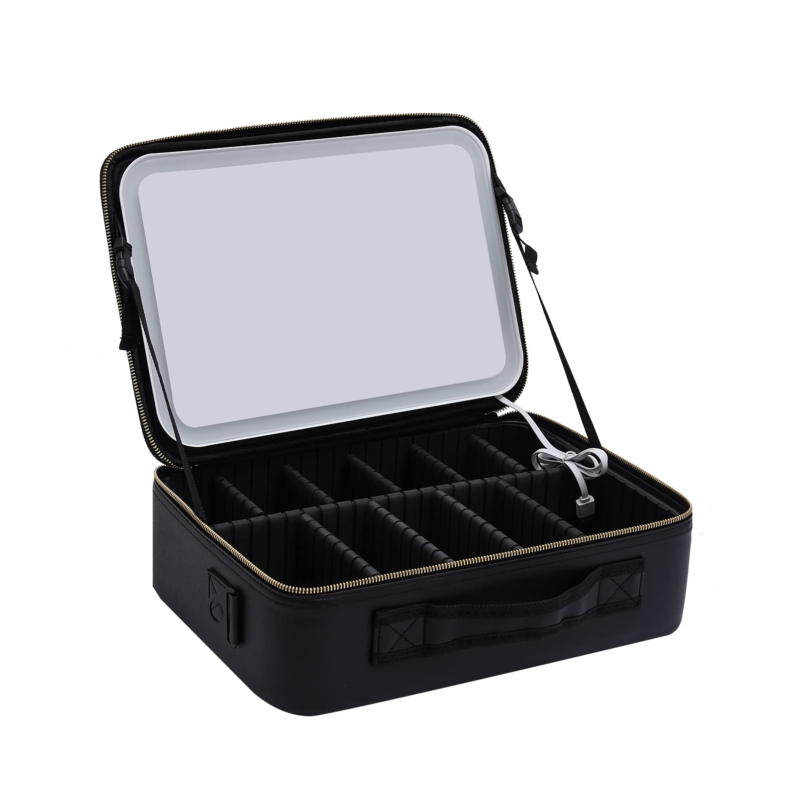 Kosmetiktasche mit LED Spiegel & 3 Lichtfarben, PU Make-up Tasche für Reise | Dimmbar, 2000-mAh-Akku und flexible Fächer für Kosmetik, Schmuck und Hautpflege