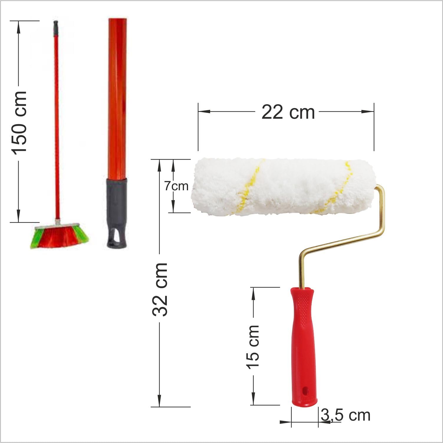 M3DECORİUM Uzun Hafif Demonte Saplı 150 cm Geniş 22 cm Tüylü Boya Badana Rulosu Merdanesi Fırçası Silindiri