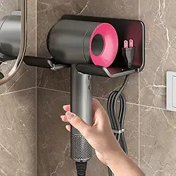 Suporte universal para secador de cabelo, suporte de parede para secadores de cabelo, sem perfuração, com plugue e organizador de cabo de alimentação, autoadesivo para armário de banheiro (preto)