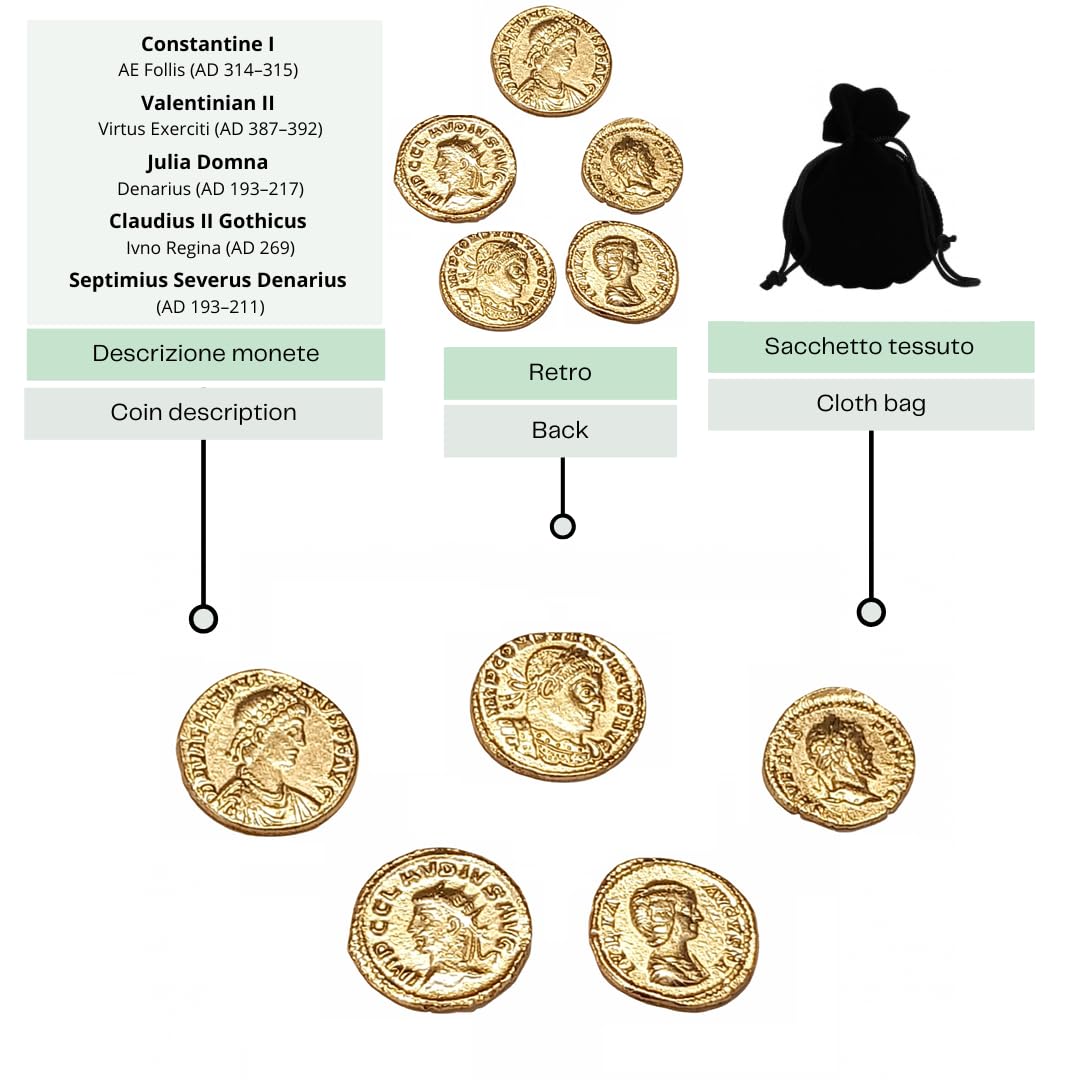 Monedas romanas imperiales antiguas chapadas en oro – Colección Set réplica emperadores romanos 5 piezas – Artesanía italiana, hecha a mano – Made in Italy