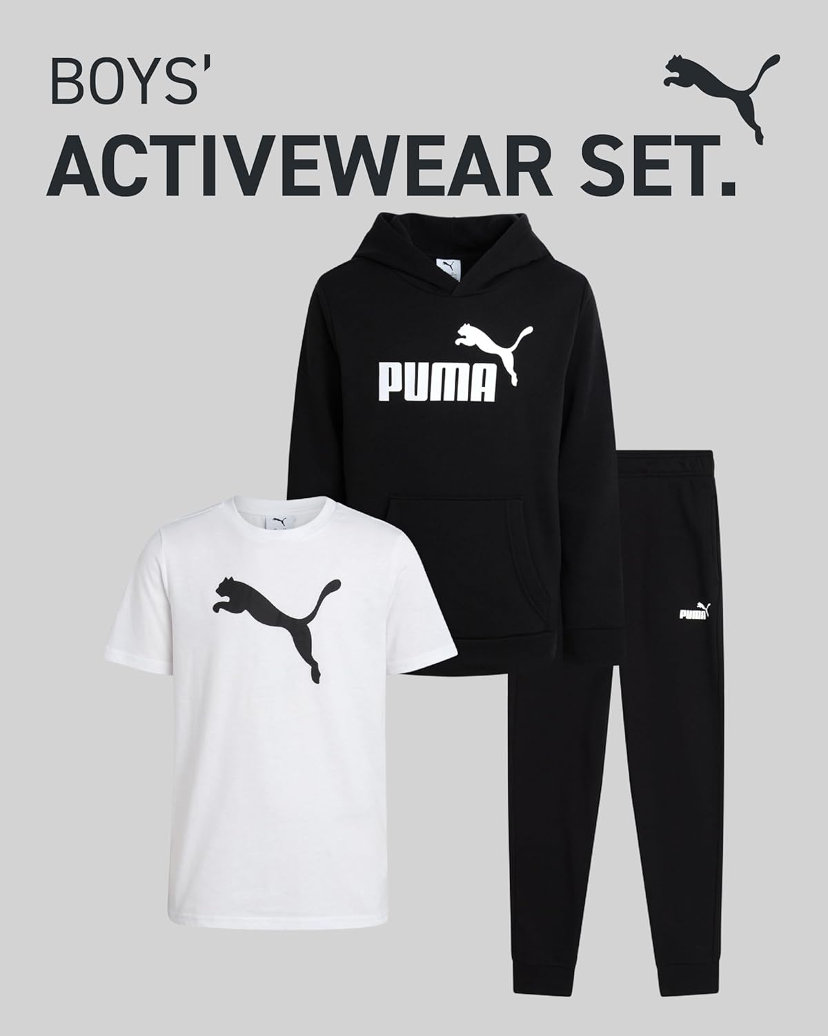 PUMA Boys Sweatpants Set - 3 Piece Fleece Pullover Hoodie Boys TShirt and Jogger Pants Youth Kids Activewear Set (8-16) - Image 2