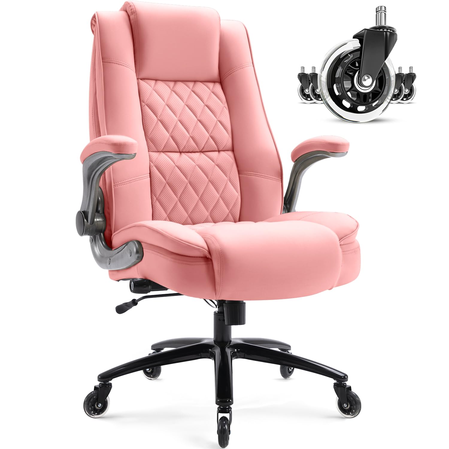 High Back Office Chair- Flip Arms Adjustable Built-in Lumbar Support, Executive Computer Desk Chair Work Chairs, Thick Padded Strong Metal Base Quiet