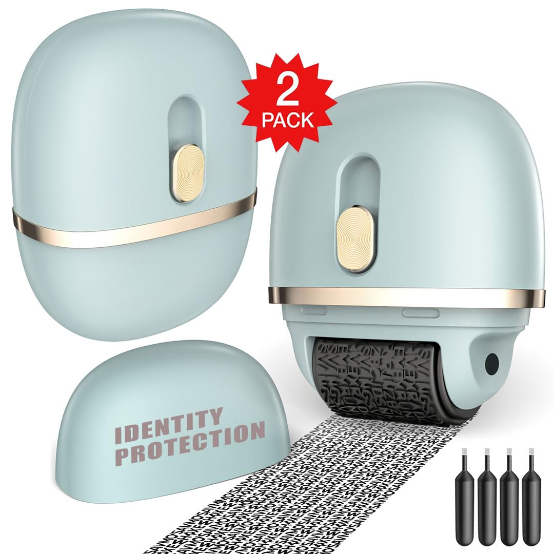 Lomil Identity Protection Roller Stamps 2 Pack - Confidential Roller Stamp with 4 Refills - Wide Identity Theft Protection Stamp for ID Blockout, Privacy & Security(Blue)