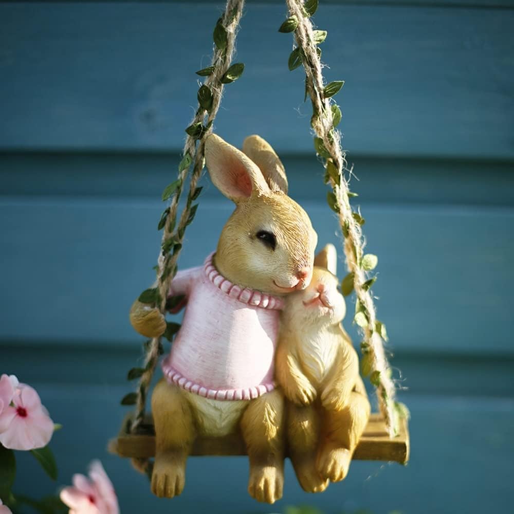 The Decorshed Garden Figurine Swing Rabbit, Cute Resin Hanging Mother-Child Rabbit Outdoor Garden Statue for Outdoor Patio Lawn Yard
