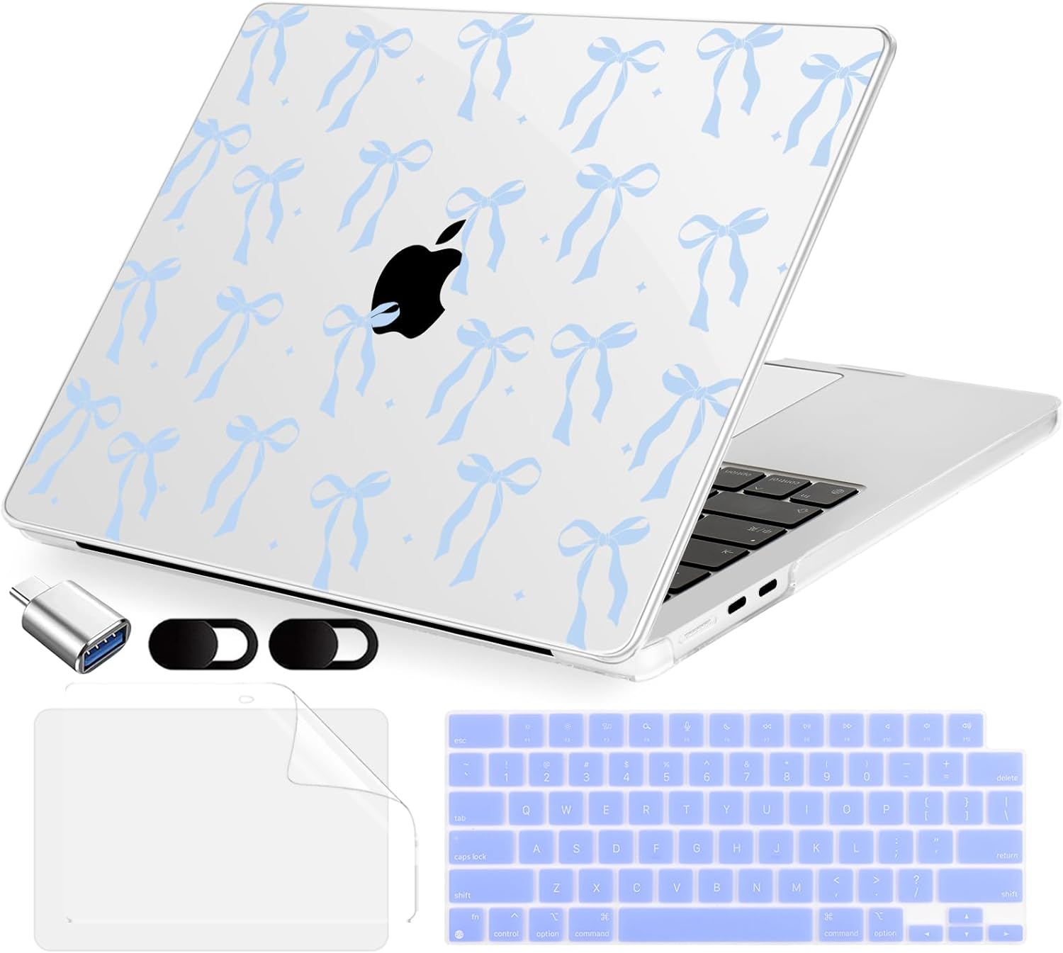 MecBevia Compatible with 2026 M5 MacBook Air 13 inch Case 2026 2025 2024-2022 M5 A3449 M4 A3240 M3 A3113 M2 A2681, Keyboard Cover, Screen Protector, Webcam Cover & Type-C OTG, Blue Bow