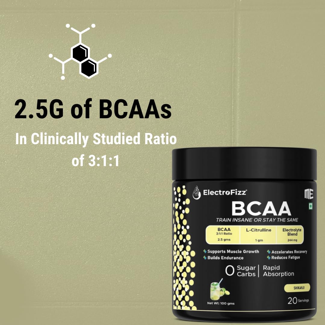 ElectroFizz BCAA Powder, 2.5g BCAA with 3:1:1 Ratio, L-Citrulline & Electrolytes, 100g, Shikanji Flavour, 20 Servings - Image 2 thumbnail