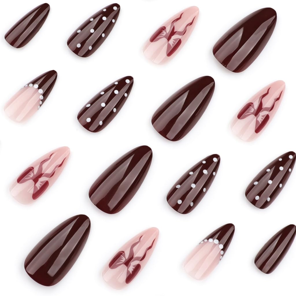 Almond Fake Nails Glossy Acrylic Artificial Nails Stick on Nails for Womens 24Pcs 12Sizes Glues On Nails