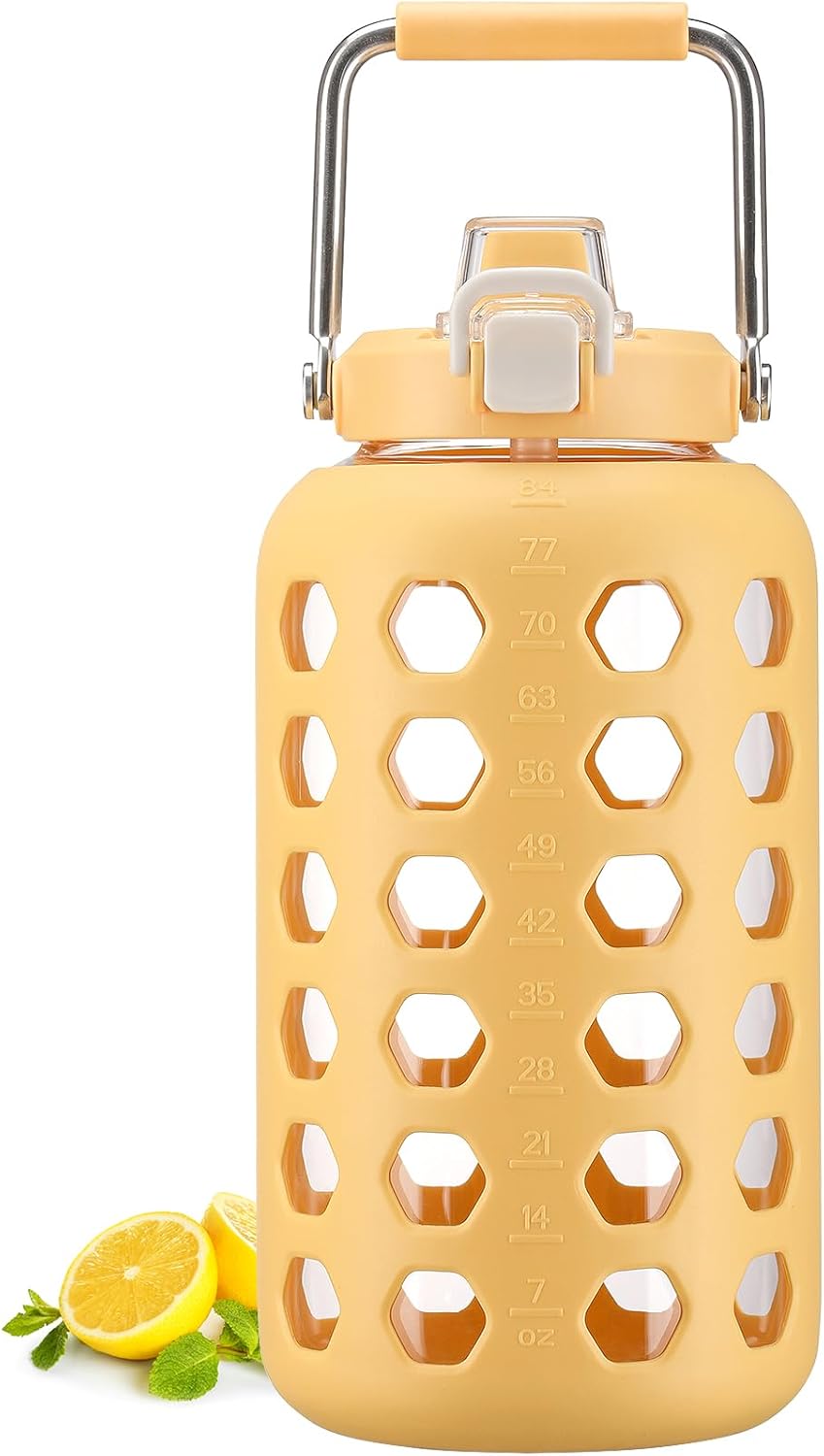 MUKOKO 84 oz Glass Water Bottles,2.5 Liter Gallon Drinking Bottle with Handle,Large Glass Water Jug with Silicone Sleeve for Gym Sports,Time Marker,Wide Mouth,Yellow