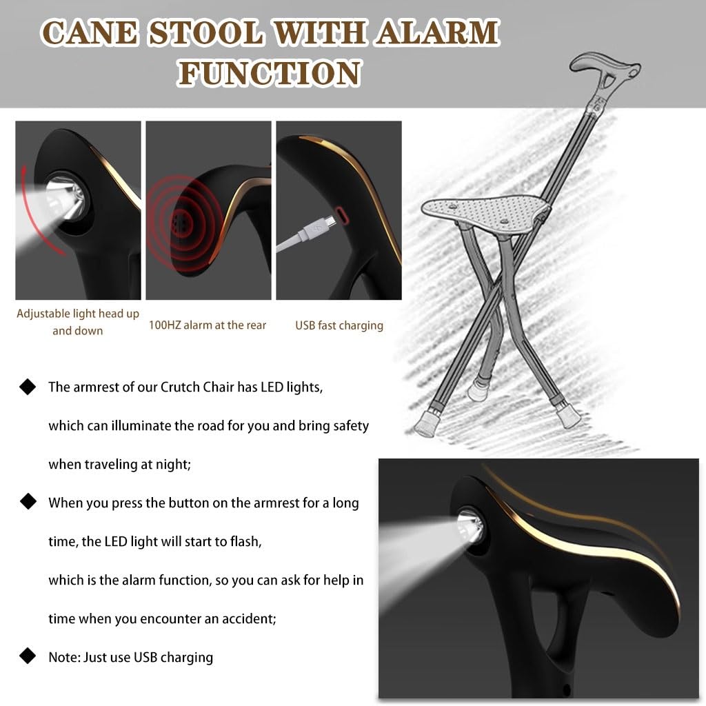 Bastón Taburete De Bastón Ajustable En Altura con 5 Velocidades, Silla Plegable Portátil con Muleta, Bastón Antideslizante con Luz LED, para Las Personas Mayores