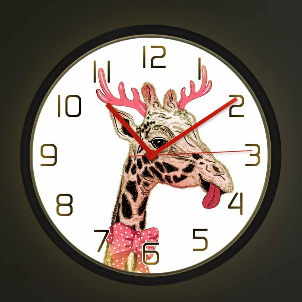 Geek Alerts Cute Pink Giraffe with Horns Exclusive Wall Clock with Voice Control LED Light Battery Operated Silent Non Ticking Watch for Girls Room Safari Baby Animal Nursery Decor