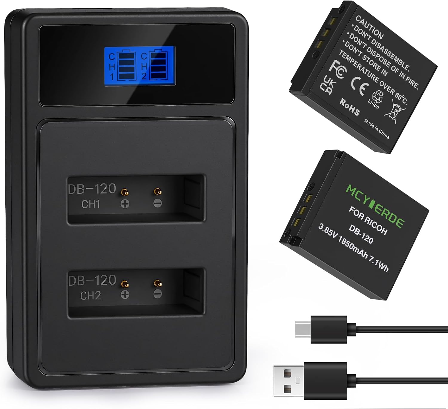 DB-120 Rechargeable Lithium-Ion Battery, Dual Pack Battery and Charger with USB-C Port Compatible with Ricoh GR IV GRIV GR4 Digital Camera Accessories