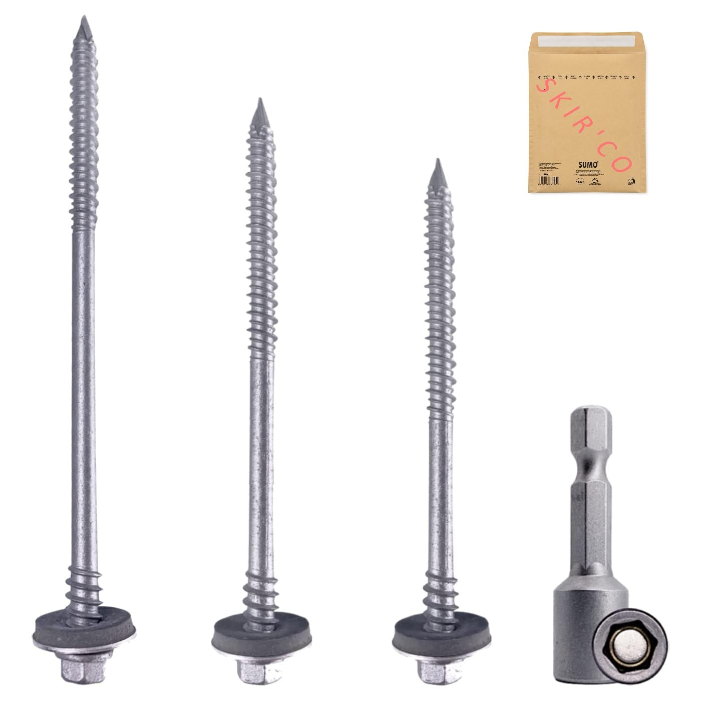 SKIR'CO (50 unidades) tornillos autorroscantes recubiertos de gris de 6,4 x 140 mm con arandelas de EPDM para paneles sándwich, cabeza hexagonal