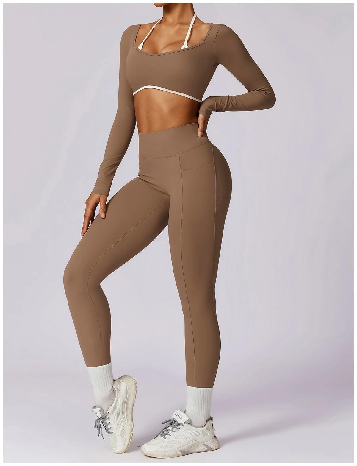 KM Damski dres do jogi, zestaw, trening, odzież sportowa, odzież na siłownię, fitness, długi rękaw, krótki top, legginsy z wysokim stanem, garnitury sportowe