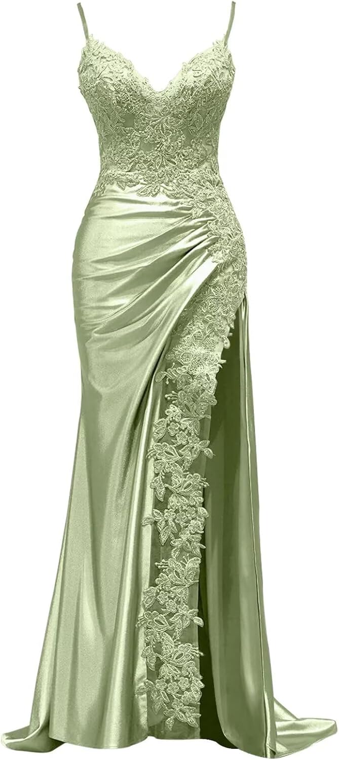 Satin Prom Dresses with Sllit Mermaid Spaghetti Straps Lace Appliques Long Mermaid Formal Evening Gowns for Women