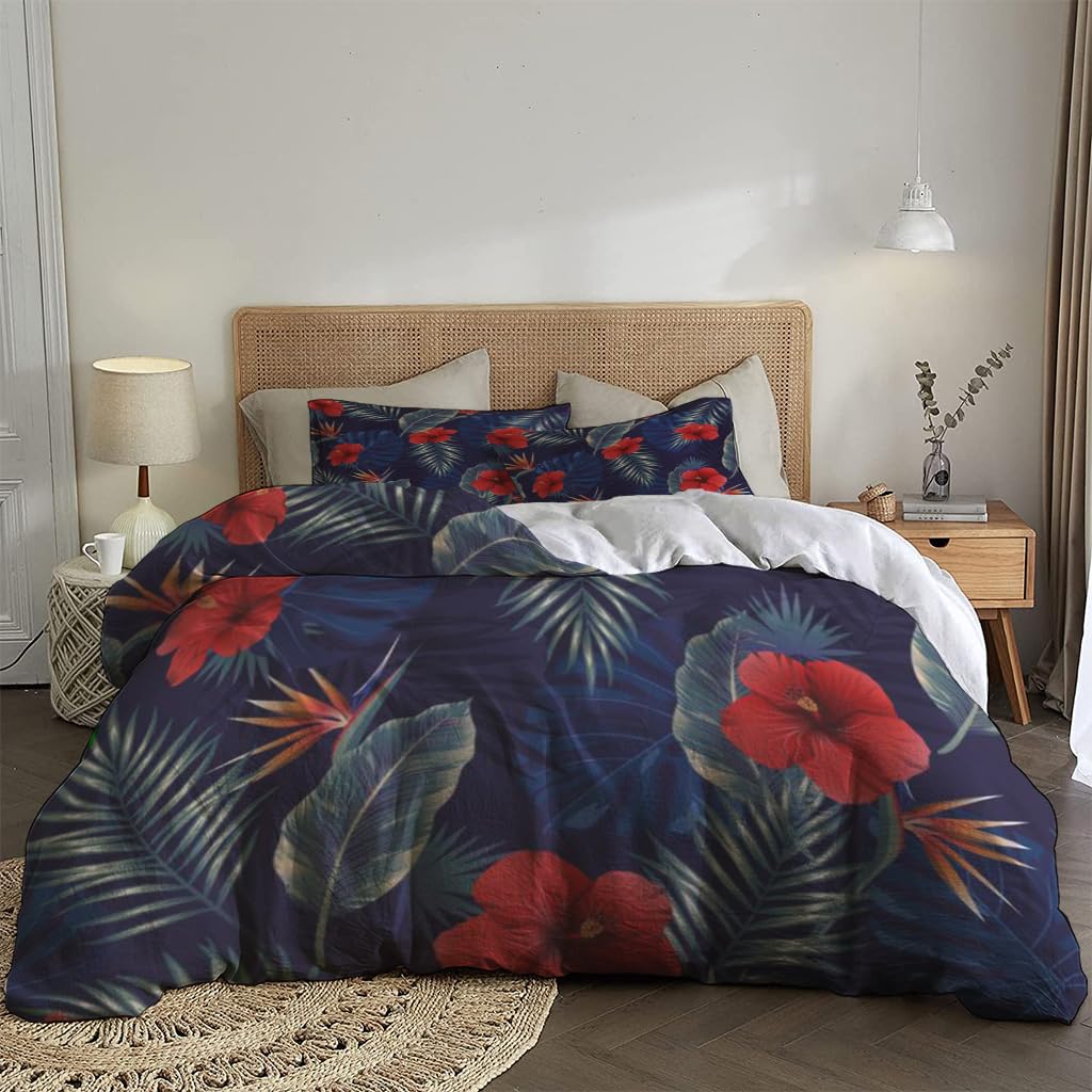 NIBAINLO 布団カバーヤシの木とハイビスカスの熱帯の濃い葉、青色 肌に優しい ピーチスキン加工 掛け布団カバー 和式 洋式 あったか 布団カバーセット リバーシブル ホームステイ ホテル 家庭兼用