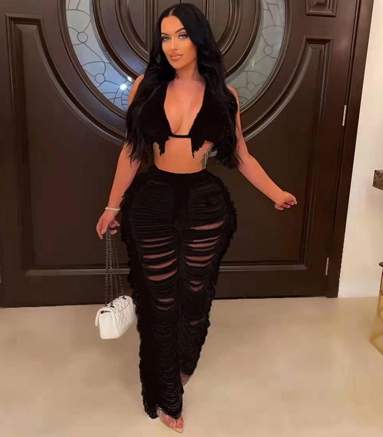 KANSOON Two Piece Sets for Women Sexy Crochet Outfits Halter Top Fringe Pants Summer Party Clubwear - Image 4