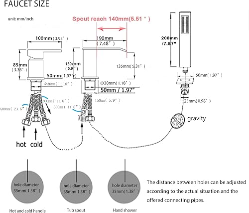 Vista 6 de Grifo de bañera romana en cascada con ducha de mano, grifo de bañera negro mate, 3 agujeros, relleno de bañera generalizado, montaje en cubierta