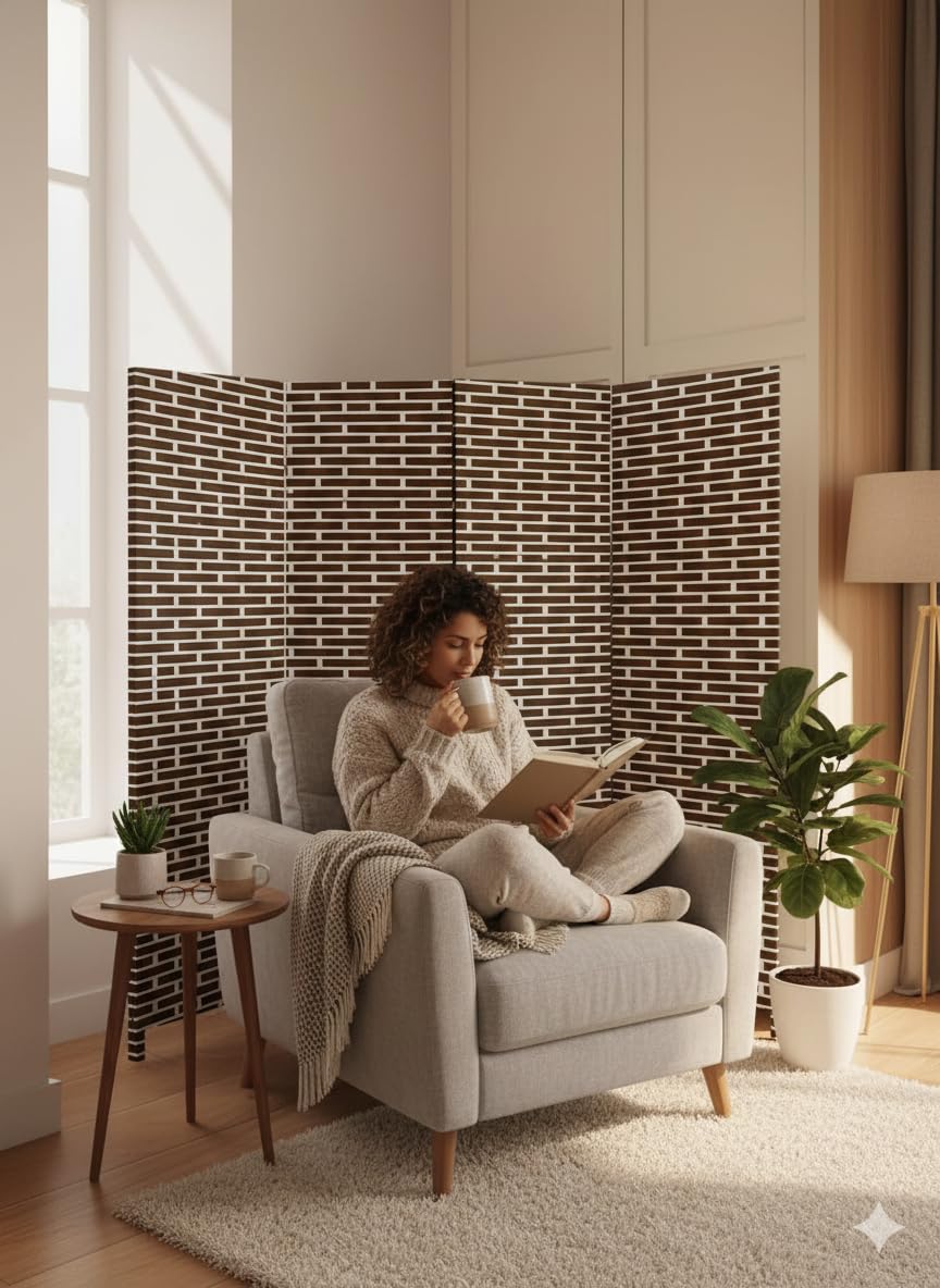 4-Panel Rattan Room Divider Folding Privacy Screen | Portable Freestanding Partition Wall for Bedroom, Living Room & Office (A11)|White& Brown