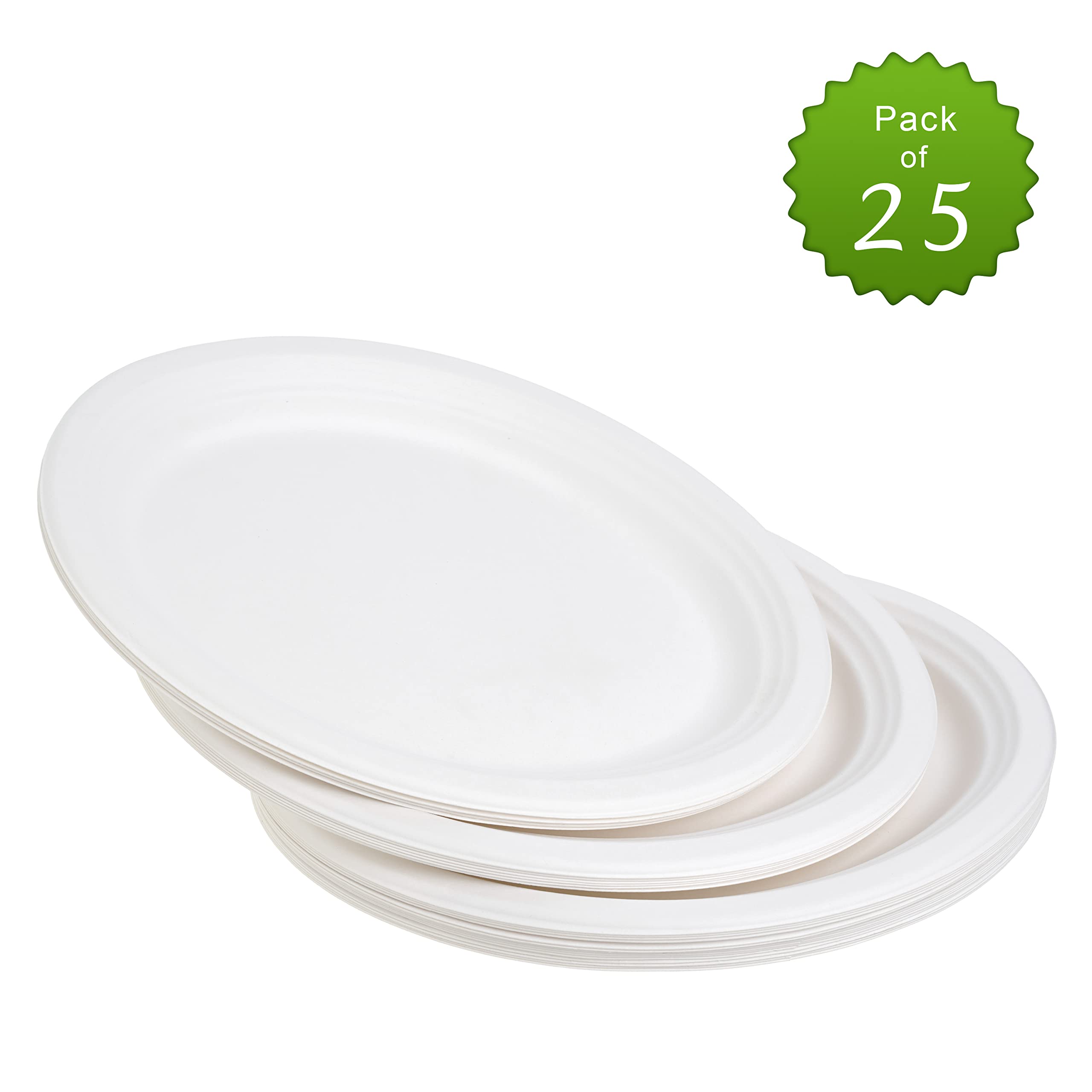 STACKABLES Paquete de 25 bandejas para servir, ovaladas, desechables, color blanco, de caña de azúcar, para fiestas, bodas, catering y fiestas de cumpleaños