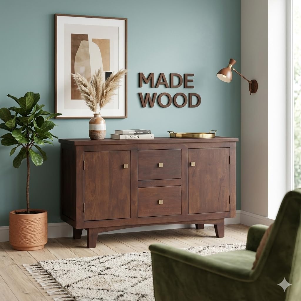 MADE WOOD Solid Wood Sideboard | Sideboard Storage Cabinet for Living Room | Crockery Cabinet Wooden | TV Table Wood | Sideboard Cabinet Furniture Home | Assembled [Walnut Mango Wood]-image-48